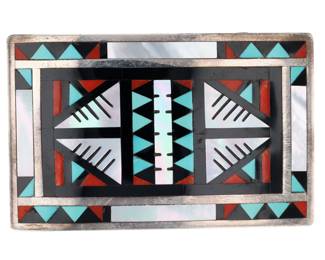 Lot 319: Alex & Marylita Boone Zuni Sterling Mosaic Inlay Belt Buckle