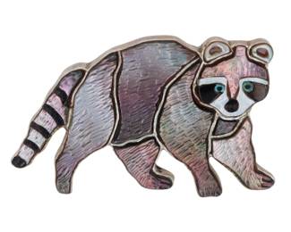 Lot 219: Andrea Pinto Zuni Carved Raccoon Inlay Pendant Brooch