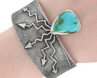 Lot 234: Darryl Dean Begay Navajo Orvil Jack Turquoise 'Spring Thunder' Cuff Bracelet