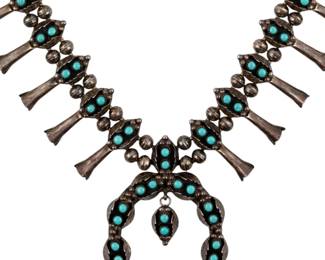Vintage Navajo Turquoise Squash Blossom Necklace