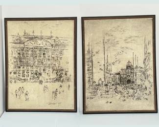  Two Framed Prints "The Piazzetta" and " Grand Place" by James McNeil Whistler- from Arhaus 32" x 42"