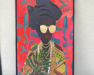  Jamaican Art Mixed Media Painting Woman in Headwrap Sunglasses 20x30 Inches Vibrant Colors