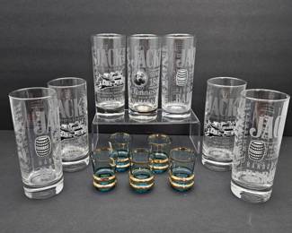 Jack Daniel’s Highball Glasses & Blue Gold Shot Glasses Barware Lot 11 Pc