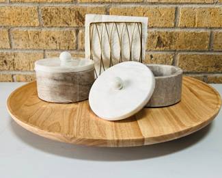 Modern Kitchen Lot- 18” Large Wooden Lazy Susan, Two Marble Containers with Lids and Gold Paper Towel Holder