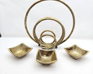 Gold Metal Ring Sculpture & 3 Ceramic Bowls – Modern Decor Set –