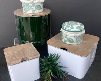 Set of 4 Nested Metal Storage Containers with Wooden Lids and 2 Chinese Lidded Trinket Jars