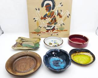 - Vintage Studio Pottery Ashtray Lot w/ Signed Sandstone Tile – Mid Century Artisan Mix