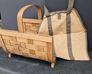  Wood Fireplace Log Holder Basket w/ Canvas Log Carrier Tote 17” Firewood Rack