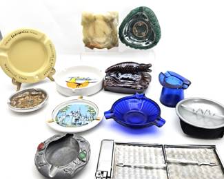  Assorted Vintage Ashtrays Lot w/ Silver Tone Cigarette Case, Cobalt Glass, Disneyland & Figural Pieces