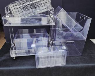 Clear Acrylic Rolling Cart w Drawers + Assorted Plastic Storage Bins Organizer Lot