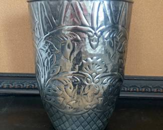  Vintage Silver Hammered LARGE Embossed Metal Trash Can 16 Inch Tall 13 Inch Diameter Decorative