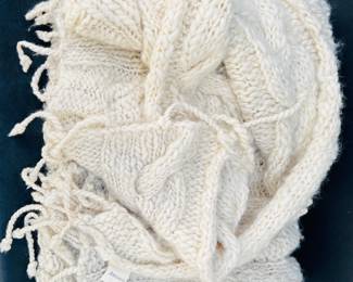  Arhaus Hand-Knit Ivory Wool Throw Blanket with Fringe