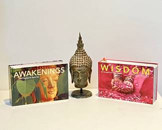 Set of Two Asian Wisdom Books with Decorative Metal Buddha Head Statue