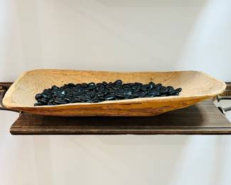  Hand-Carved Wooden Dough Bowl with Polished Black River Stones