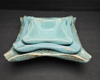  Mid Century Turquoise Pottery Nesting Ashtray Set – 3 Pieces, Largest 11.5”