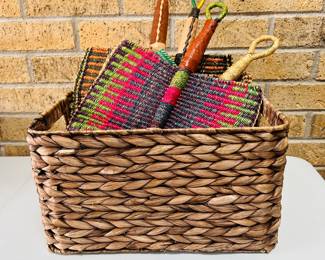 Handwoven Colorful Palm Leaf Fans Set with Decorative Handles and Wooden Storage Basket