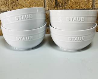 Set of Four White Staub Ceramic Bowls Featuring Logo Detailing