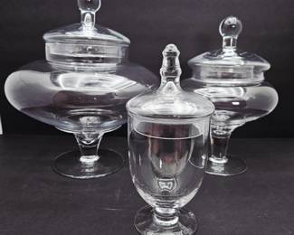 Set of 3 Clear Glass Apothecary Jars w/ Lids – Pedestal Candy Jars (12”, 13”, 9”)