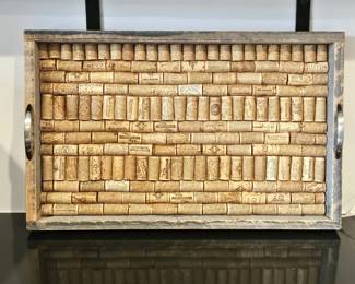 Wine Cork Tray w/ Weathered Wood Frame Metal Handles 23”
