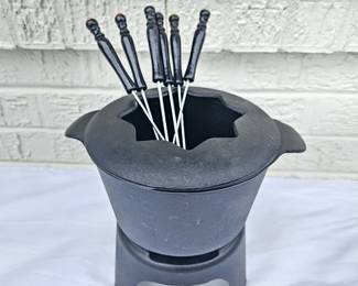 Cast Iron Fondue Pot Set w/ Stand Burner Cup & 6 Forks Black