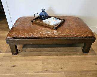 Large Leather Cushioned Bench Low Profile Wood Frame Rustic Style