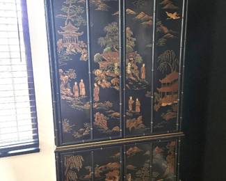 -Asian Inspired Hand Painted Cabinet Armoire w Retractable Doors 86” Tall