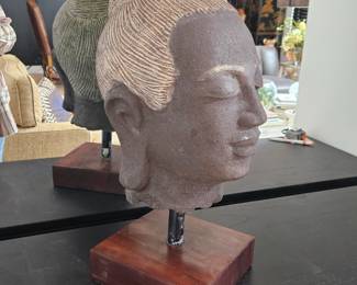 Large Heavy Buddha Head Sculpture Cast Stone on Stand Zen Decor 18”