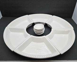20” Round Ceramic Chip & Dip Serving Platter w/ 6 Sections & 7 Bowls – White