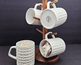 Potter’s Studio NEW Coffee Mug Tree Set – 4 Mugs & Wooden Stand White Textured