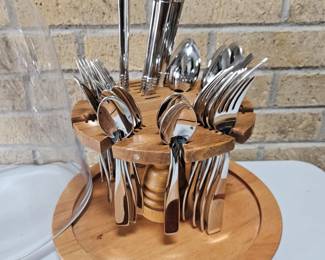 -Wood Flatware Caddy w/ Glass Dome Lid Entertaining Serving Set