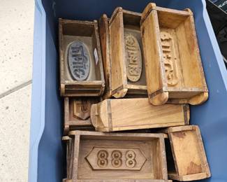 Large Lot Primitive Wood Butter Molds Carved Presses w/ Tote