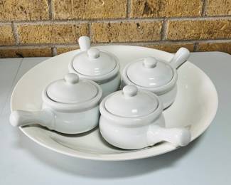 16” Crate & Barrel Serving Bowl + Four HC Covered Soup Crocks