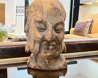 Special Hand-Carved Wooden Buddha Bust Sculpture- One-of-a-Kind Weathered Spiritual Sculpture