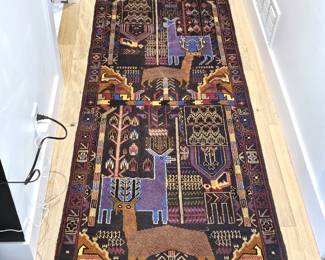 -Hand Knotted Wool Runner Rug 10.3 ft Tribal Animal Motif Caucasian Style