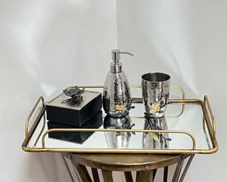 Michael Aram Hammered Silver 3pc. Bathroom Accessory Set with Floral Detailing and a Mirrored Tray