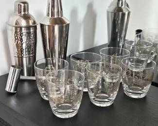 Vintage Cocktail Bar Set Lowball Glasses Gold Pattern Shakers Jigger Lot