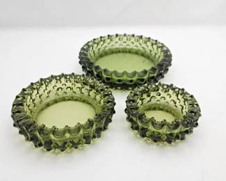 Fenton Green Hobnail Glass Nesting Ashtrays Set of 3 Vintage