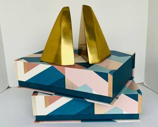 Geometric Pattern Storage Box with Gold Metal Bookends