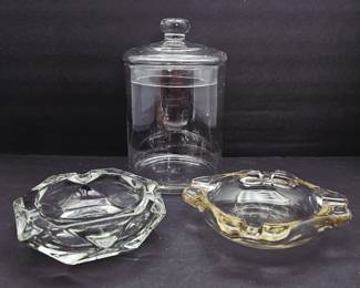 Apothecary Glass Jar w/ Lid + 2 Vintage Heavy Art Glass Ashtrays – Trinket Bowls