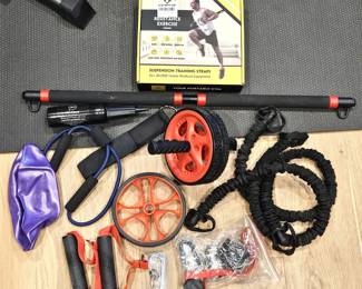 Home Gym Bundle w/ Suspension Training Straps, Pull-Up Bar, Ab Wheel & Resistance Bands