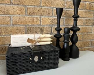 Elegant Black Decor Set w/ Woven Storage Basket, Three Black Candle Holders and Set of Candles
