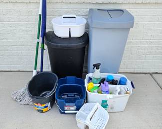  Cleaning Supplies Lot Trash Cans Mop Buckets O Cedar Rubbermaid + Chemicals