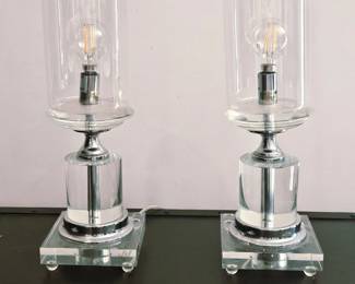 Pair Modern Glass Cylinder Table Lamps w/ Acrylic Base – 14.5" – Chrome Finish