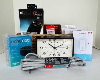 Amazon Echo Dot Smart Speaker, Designer Tabletop Clock and Electronic Accessories Basket