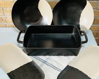 Staub Black Cast Iron Rectangular Baking Dish + Four Rachel Zoe Serving Set