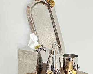 Michael Aram Hammered Metal 3pc. Bathroom Set with Gold Floral Accents + Similar Tray