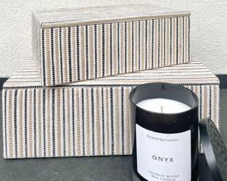  Set of Two Handcrafted Decorative Storage Boxes with Striped Details + New Candle
