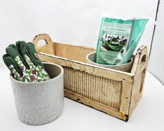 Wood Planter Box w/ Handles + 2 IKEA Chiafrön Pots + Garden Gloves & Mat
