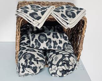 Gray Leopard Print Towel Set with Woven Storage Basket