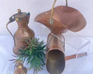  Vintage Copper Brass Coal Scuttle Candle Snuffer Tall Pitcher Matchstick Holder Set